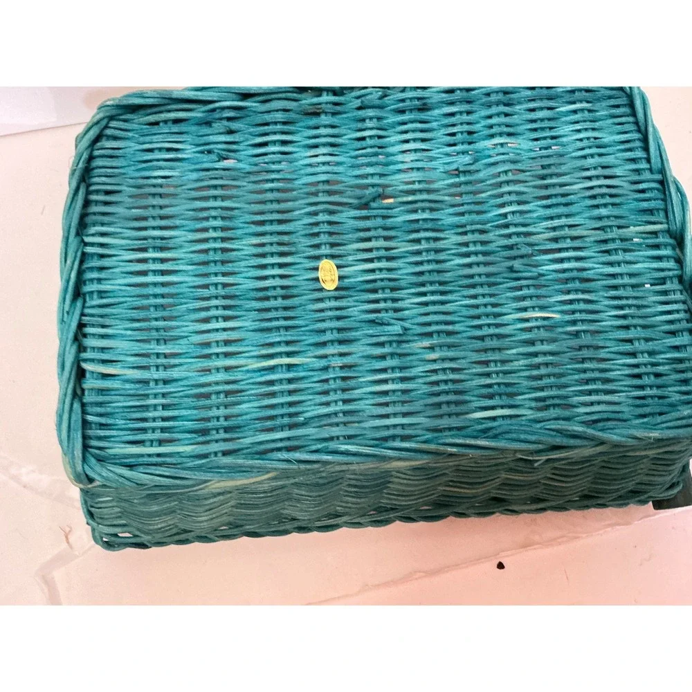 Vintage Wicker Basket Teal Woven Wood Handles 11x8 Cottagecore
